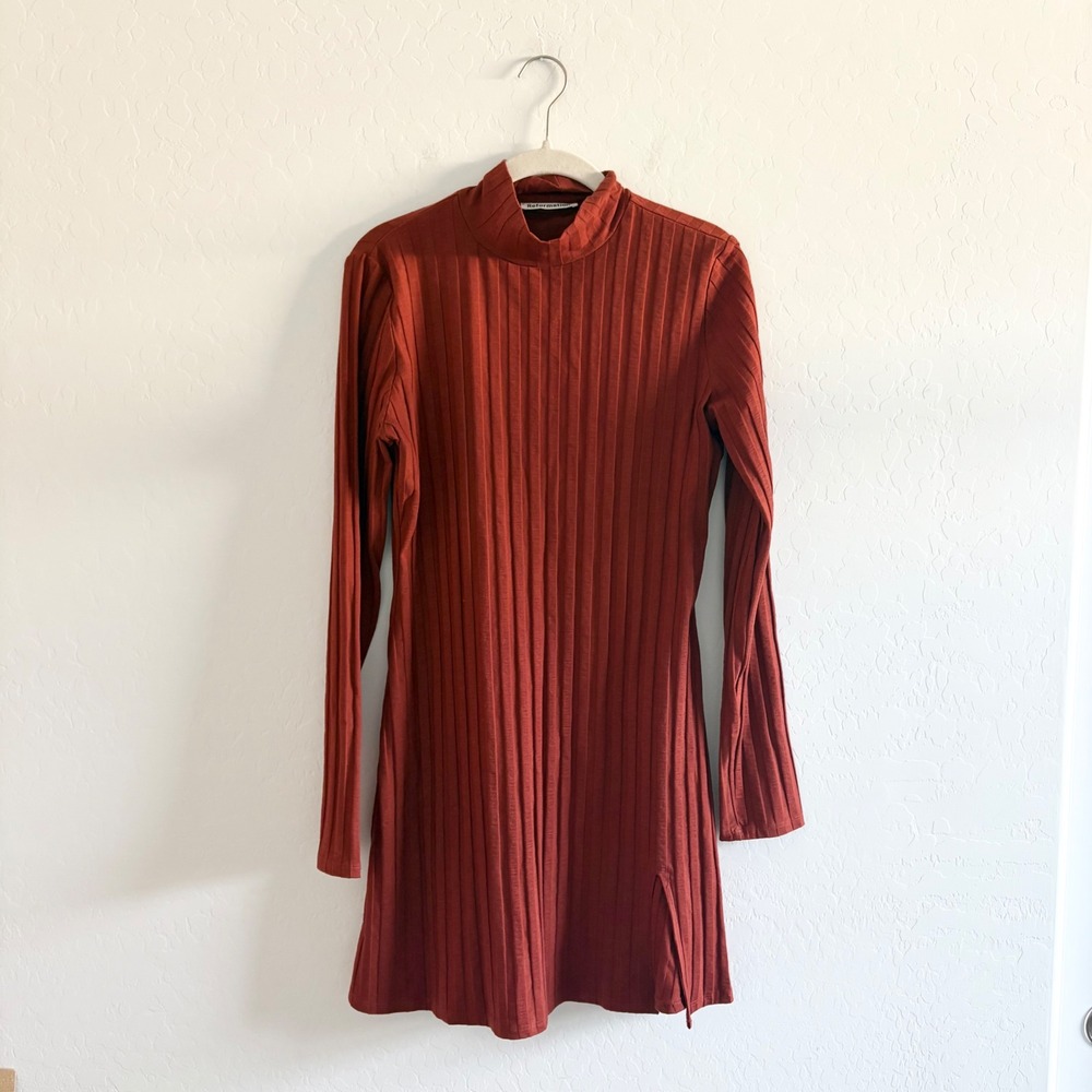 Reformation Libra Knit Dress XL Oxide Rust Ribbed Mock Neck Long Sleeve Mini - Picture 2 of 7